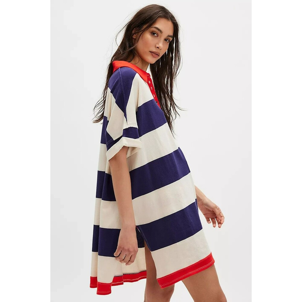 Free People Rugby Polo Dress Navy Cream Stripe Red Collar Preppy Mini Dress